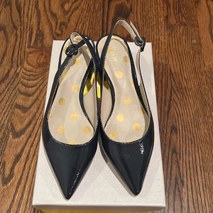 Boden navy patent leather slingbacks.  Never worn, in box.